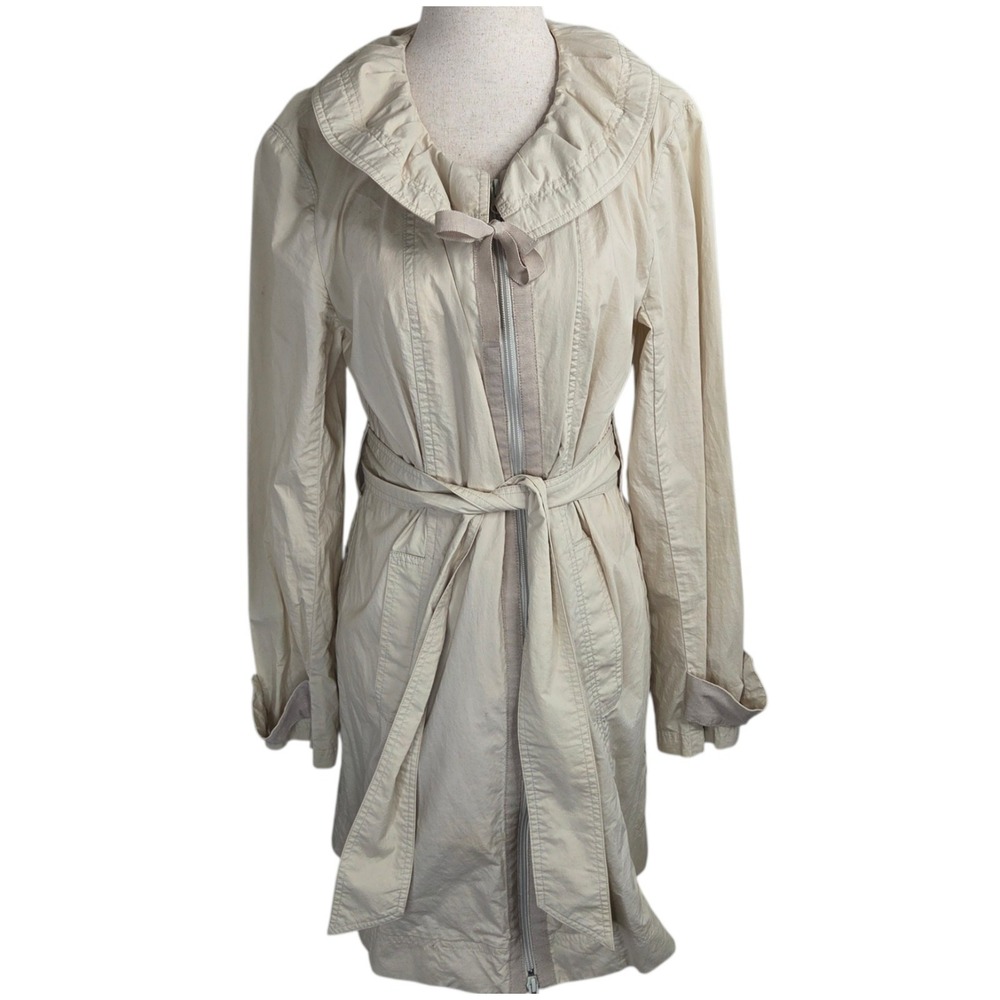 Kristin Davis Womens Beige Trench Coat Ruffled Collar Belt SZ‎ M Coquette Dainty